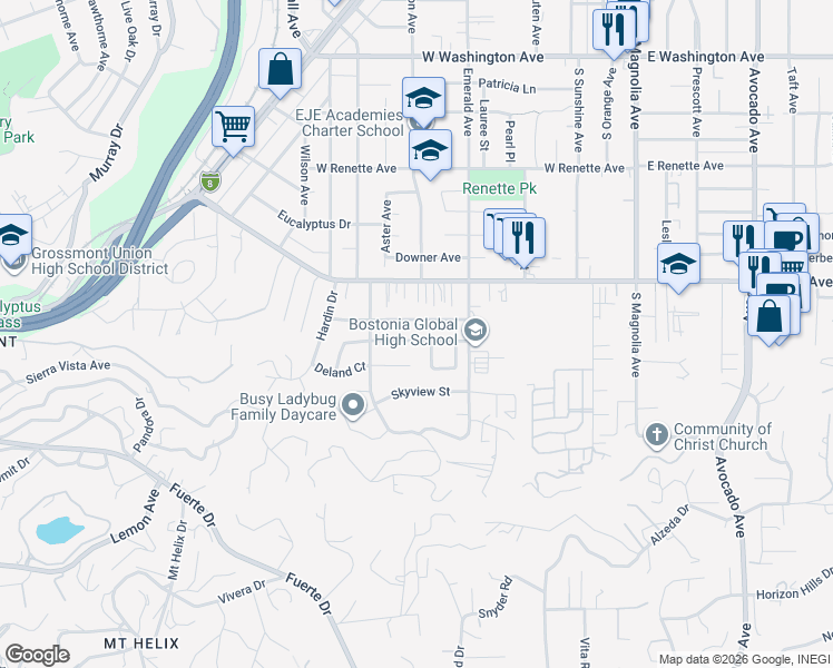 map of restaurants, bars, coffee shops, grocery stores, and more near 740 Deland Court in El Cajon