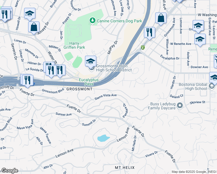 map of restaurants, bars, coffee shops, grocery stores, and more near 9901 Shadow Road in La Mesa