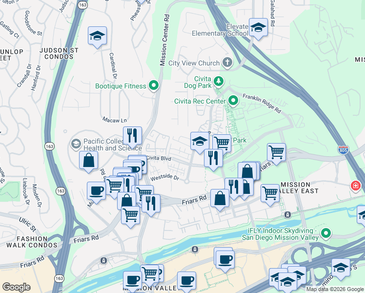 map of restaurants, bars, coffee shops, grocery stores, and more near 7842 Civita Boulevard in San Diego