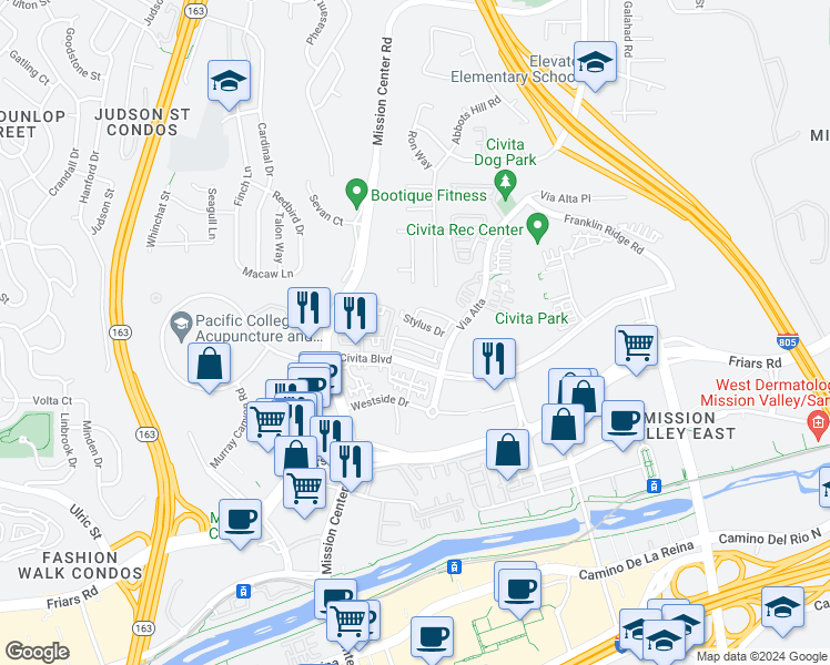 map of restaurants, bars, coffee shops, grocery stores, and more near 7842 Civita Boulevard in San Diego