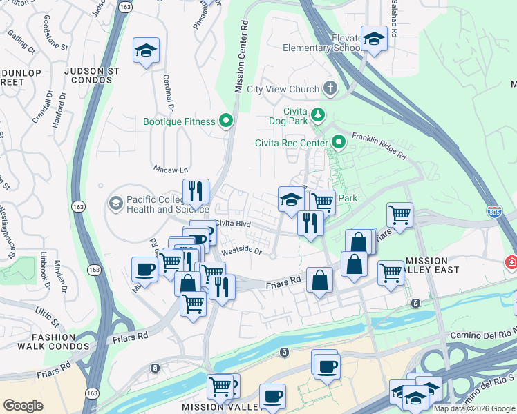 map of restaurants, bars, coffee shops, grocery stores, and more near 7842 Civita Boulevard in San Diego