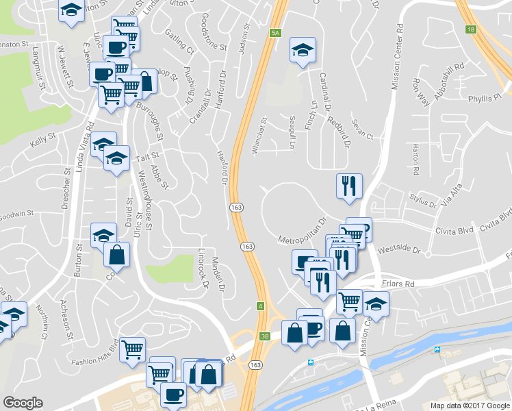 map of restaurants, bars, coffee shops, grocery stores, and more near 7440 Mission Valley Road in San Diego