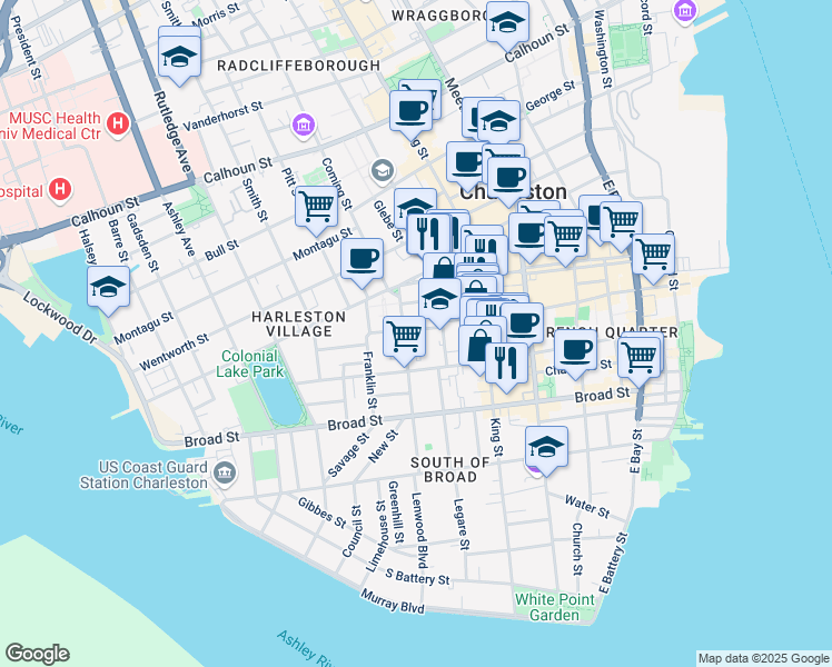 map of restaurants, bars, coffee shops, grocery stores, and more near 15 Archdale Street in Charleston