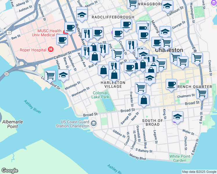 map of restaurants, bars, coffee shops, grocery stores, and more near 52 Rutledge Avenue in Charleston