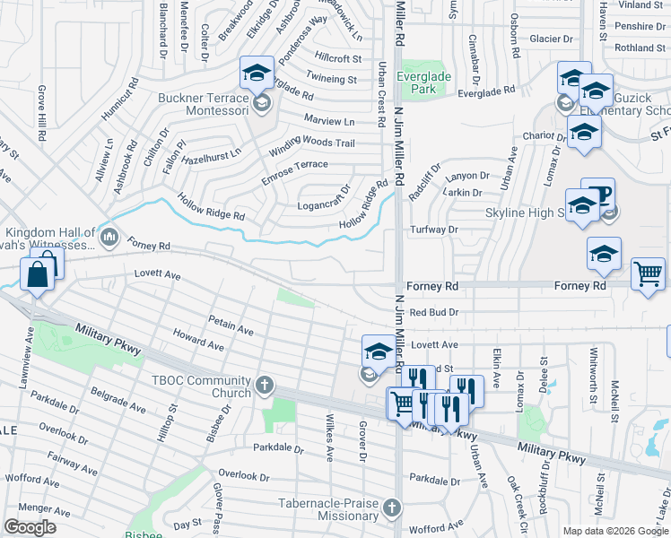 map of restaurants, bars, coffee shops, grocery stores, and more near 6704 Forney Road in Dallas