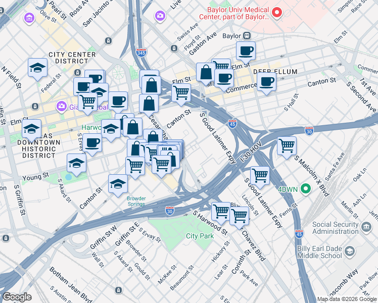map of restaurants, bars, coffee shops, grocery stores, and more near 1110 South Cesar Chavez Boulevard in Dallas