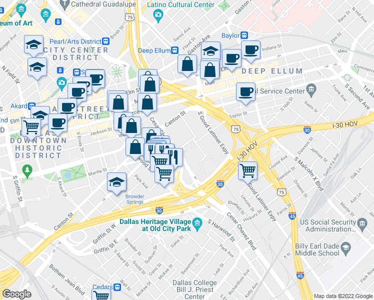 map of restaurants, bars, coffee shops, grocery stores, and more near 1110 South Cesar Chavez Boulevard in Dallas