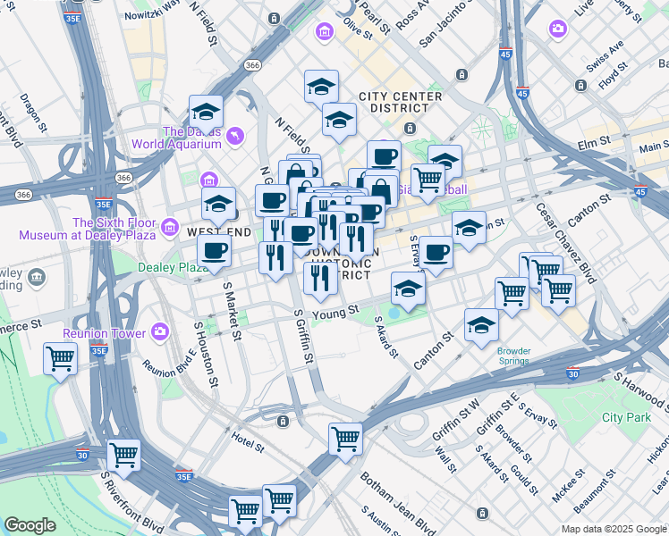 map of restaurants, bars, coffee shops, grocery stores, and more near 1122 Jackson Street in Dallas