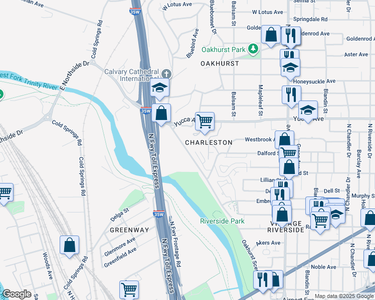map of restaurants, bars, coffee shops, grocery stores, and more near 901 Oakhurst Scenic Drive in Fort Worth