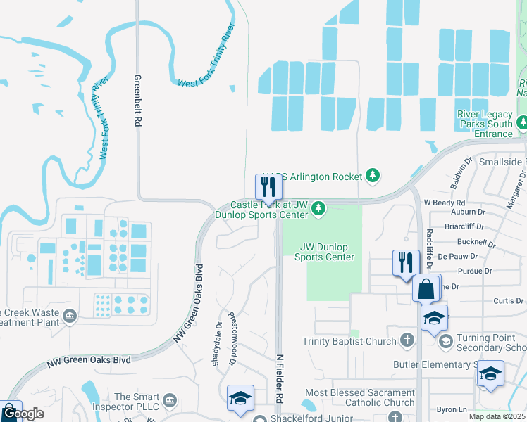 map of restaurants, bars, coffee shops, grocery stores, and more near 2419 Laguna Lane in Arlington