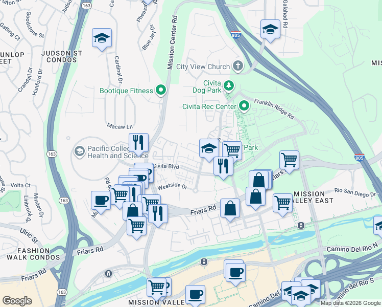 map of restaurants, bars, coffee shops, grocery stores, and more near 7887 Stylus Drive in San Diego