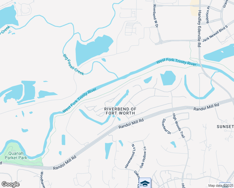 map of restaurants, bars, coffee shops, grocery stores, and more near 5953 Riverbend Place in Fort Worth