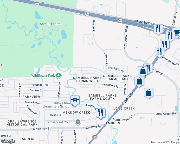 map of restaurants, bars, coffee shops, grocery stores, and more near 1343 Windmill Lane in Mesquite