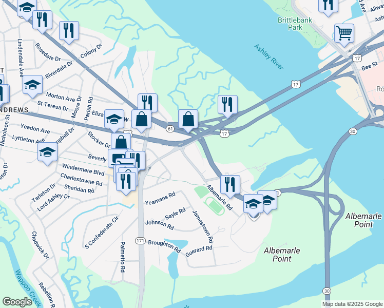 map of restaurants, bars, coffee shops, grocery stores, and more near 35 Folly Road Boulevard in Charleston