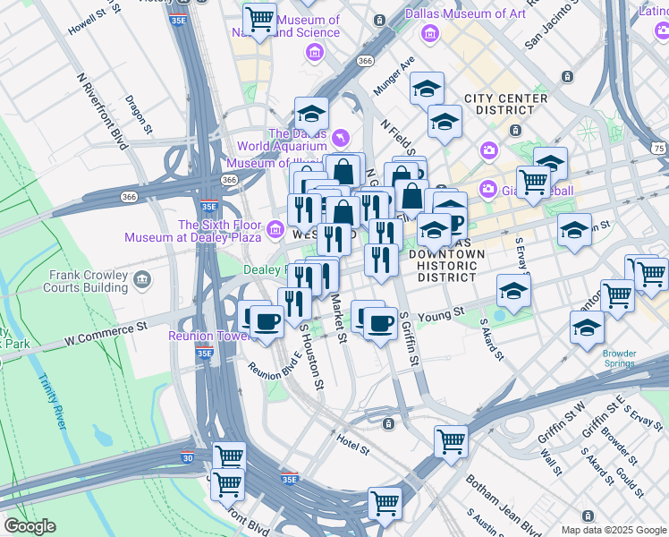 map of restaurants, bars, coffee shops, grocery stores, and more near 212 South Market Street in Dallas