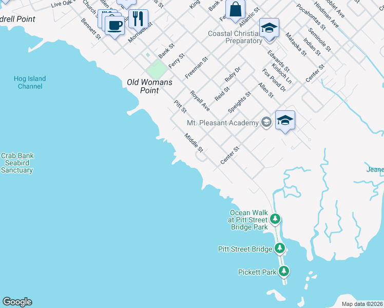 map of restaurants, bars, coffee shops, grocery stores, and more near 4 Pierates Cruz in Mt Pleasant