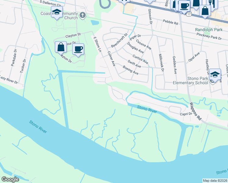 map of restaurants, bars, coffee shops, grocery stores, and more near 103 River Breeze Drive in Charleston