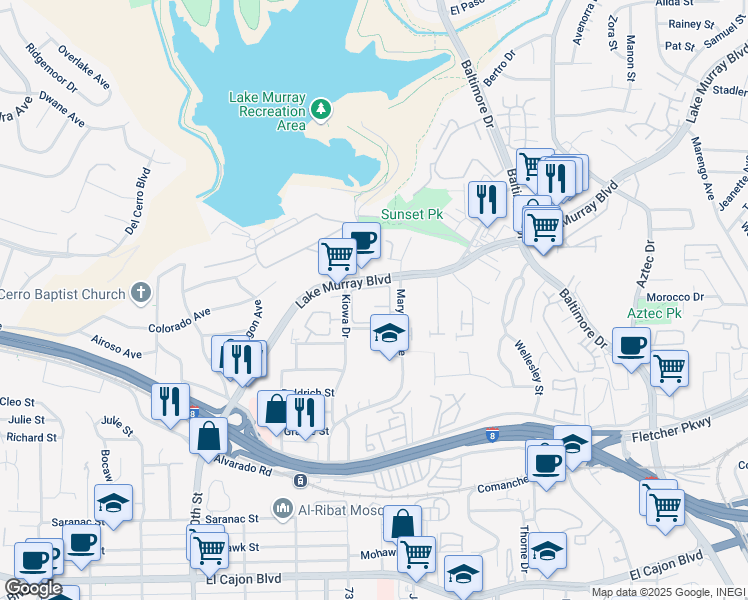 map of restaurants, bars, coffee shops, grocery stores, and more near 5425 Lake Murray Boulevard in La Mesa