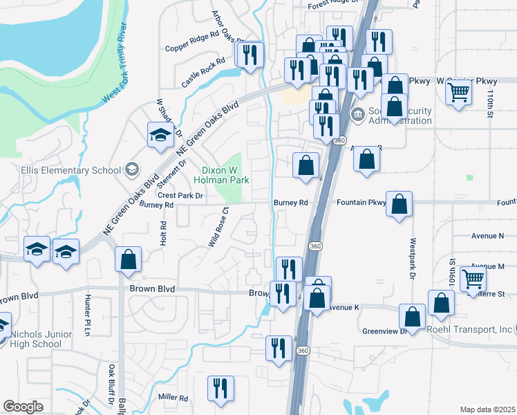 map of restaurants, bars, coffee shops, grocery stores, and more near 2500 Burney Road in Arlington
