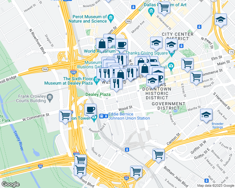 map of restaurants, bars, coffee shops, grocery stores, and more near 705 Main Street in Dallas