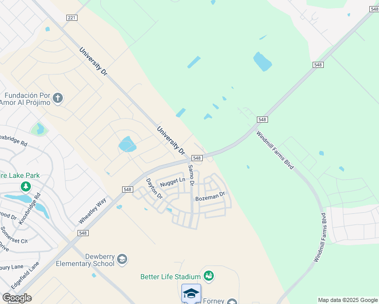 map of restaurants, bars, coffee shops, grocery stores, and more near 15026 University Drive in Forney