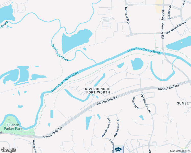 map of restaurants, bars, coffee shops, grocery stores, and more near 5953 Riverbend Place in Fort Worth