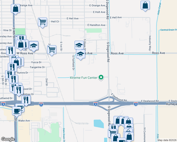 map of restaurants, bars, coffee shops, grocery stores, and more near 302 E Aurora Dr in El Centro