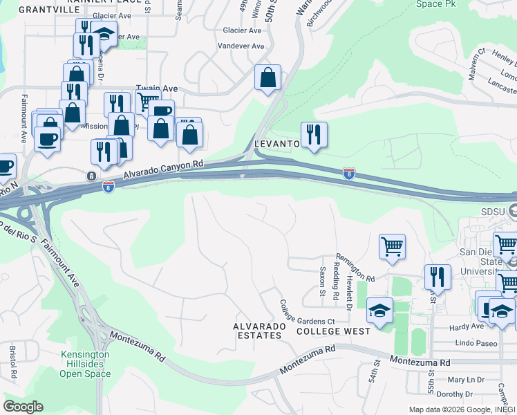 map of restaurants, bars, coffee shops, grocery stores, and more near 5171 Dorman Drive in San Diego