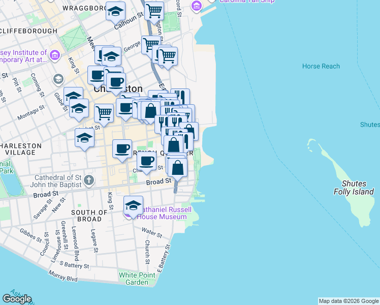map of restaurants, bars, coffee shops, grocery stores, and more near 2 Vendue Range Street in Charleston