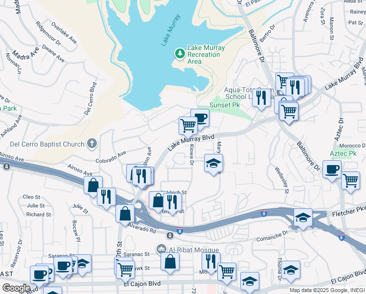map of restaurants, bars, coffee shops, grocery stores, and more near 5476 Kiowa Drive in La Mesa