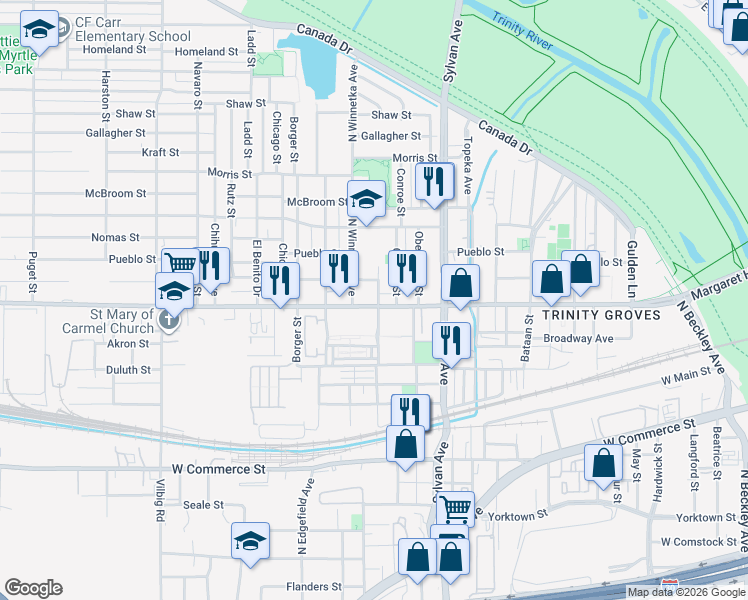 map of restaurants, bars, coffee shops, grocery stores, and more near 1001 Singleton Boulevard in Dallas