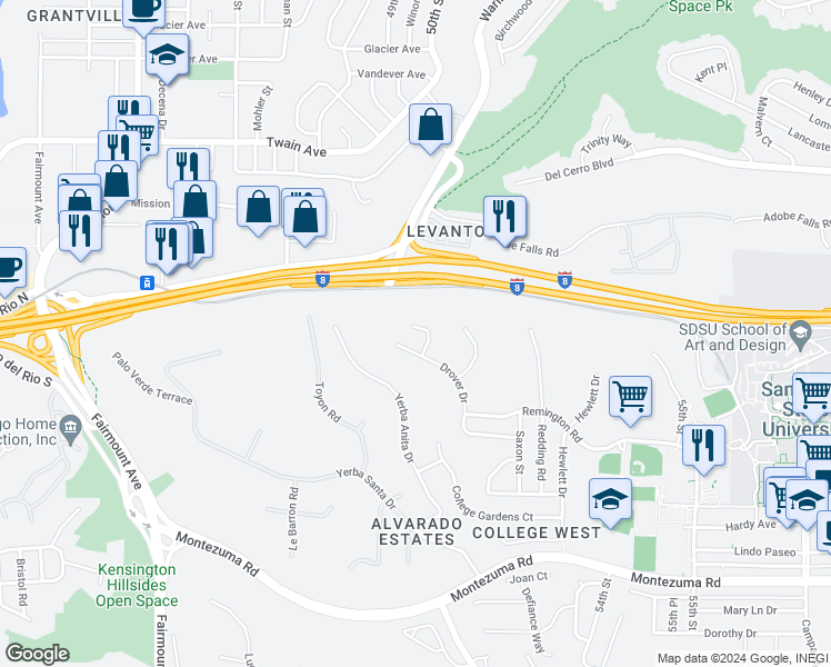 map of restaurants, bars, coffee shops, grocery stores, and more near 5162 Dorman Drive in San Diego