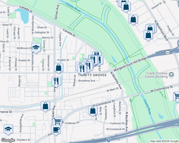 map of restaurants, bars, coffee shops, grocery stores, and more near 331 Singleton Boulevard in Dallas