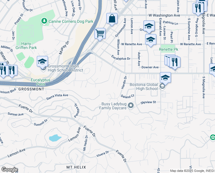 map of restaurants, bars, coffee shops, grocery stores, and more near 1164 Benjamin Place in El Cajon