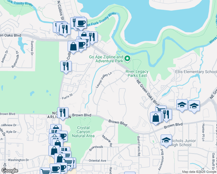 map of restaurants, bars, coffee shops, grocery stores, and more near 2705 Laurel Valley Lane in Arlington