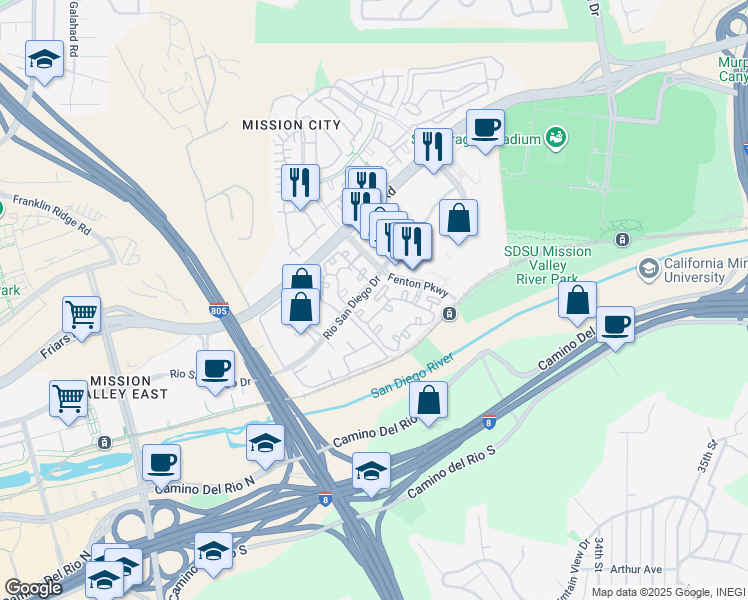 map of restaurants, bars, coffee shops, grocery stores, and more near 2228 Fenton Parkway in San Diego