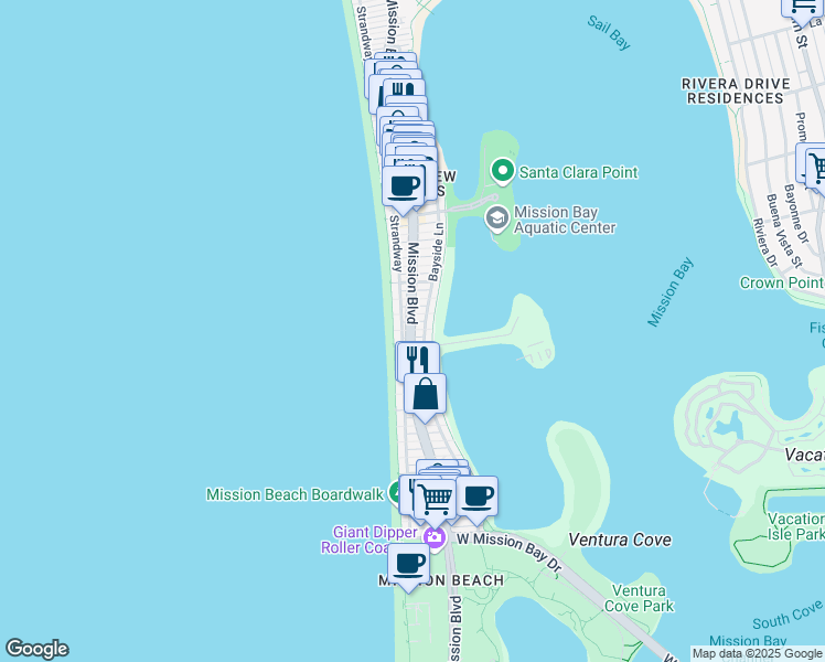 map of restaurants, bars, coffee shops, grocery stores, and more near 3527 Mission Boulevard in San Diego