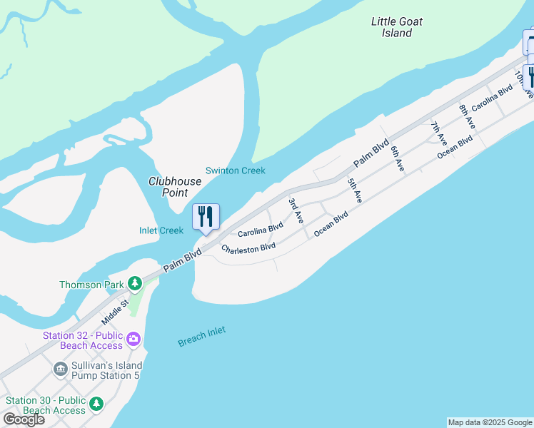 map of restaurants, bars, coffee shops, grocery stores, and more near 120 Palm Boulevard in Isle of Palms