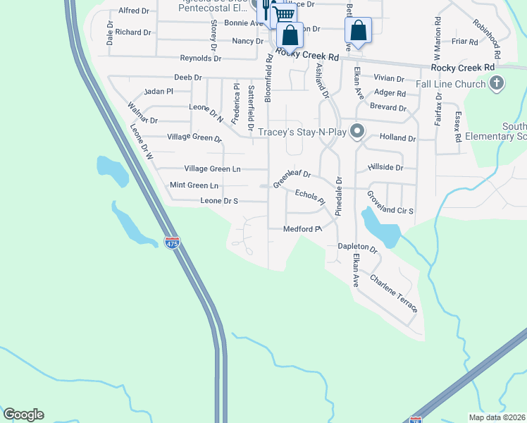 map of restaurants, bars, coffee shops, grocery stores, and more near 5926 Bloomfield Road in Macon