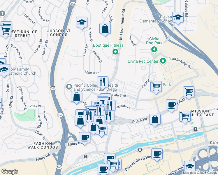 map of restaurants, bars, coffee shops, grocery stores, and more near 5785 Mission Center Road in San Diego