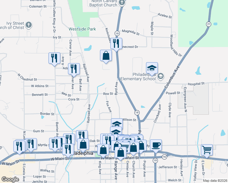 map of restaurants, bars, coffee shops, grocery stores, and more near 284 Byrd Avenue in Philadelphia