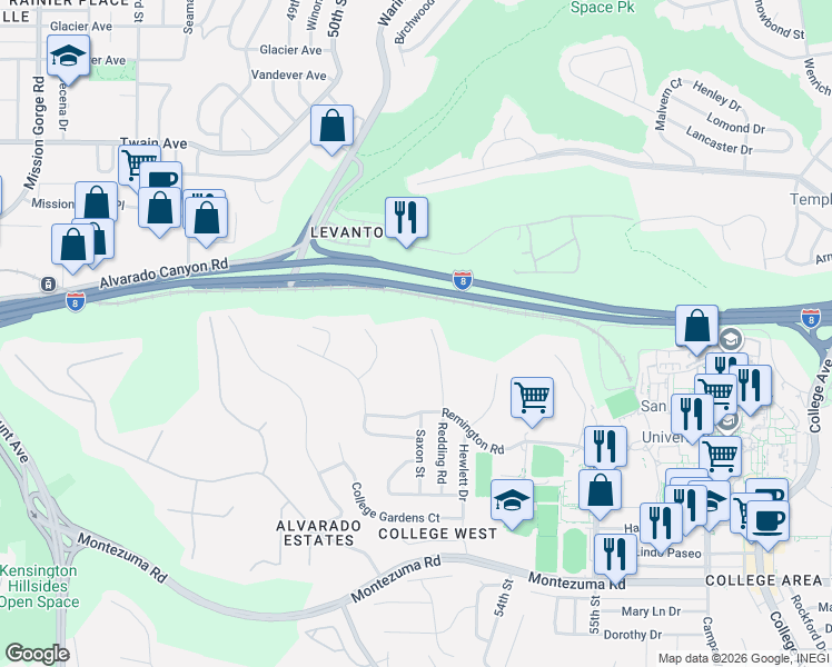 map of restaurants, bars, coffee shops, grocery stores, and more near 5491 Redding Road in San Diego