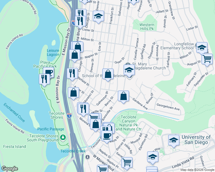 map of restaurants, bars, coffee shops, grocery stores, and more near 1855 Frankfort Street in San Diego