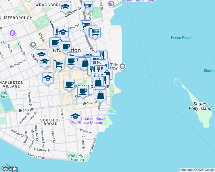map of restaurants, bars, coffee shops, grocery stores, and more near 2 Vendue Range Street in Charleston