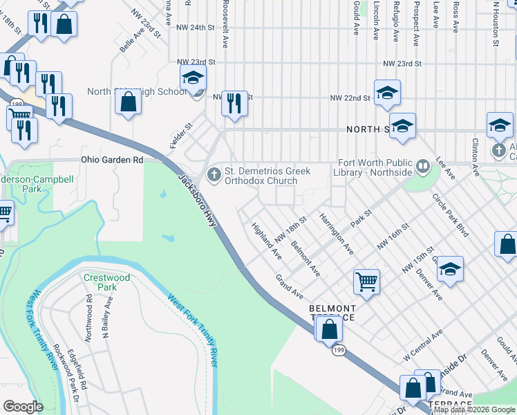 map of restaurants, bars, coffee shops, grocery stores, and more near 1907 Belmont Avenue in Fort Worth