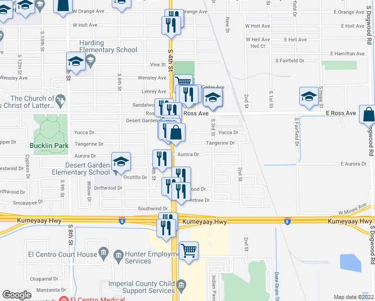 map of restaurants, bars, coffee shops, grocery stores, and more near 366 Aurora Drive in El Centro