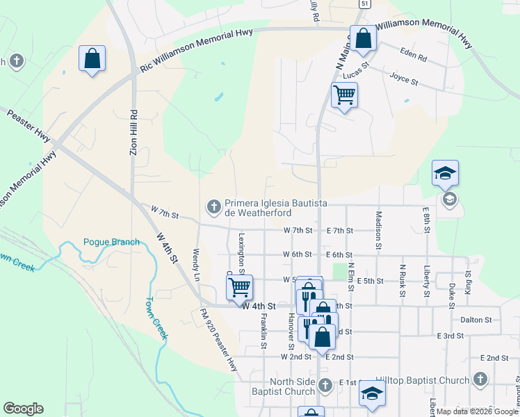 map of restaurants, bars, coffee shops, grocery stores, and more near 1705 Oliver Street in Weatherford
