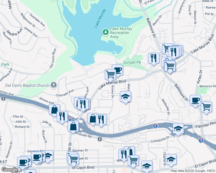 map of restaurants, bars, coffee shops, grocery stores, and more near 5476 Kiowa Drive in La Mesa