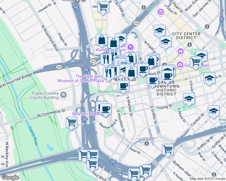 map of restaurants, bars, coffee shops, grocery stores, and more near Main St & N Houston St in Dallas