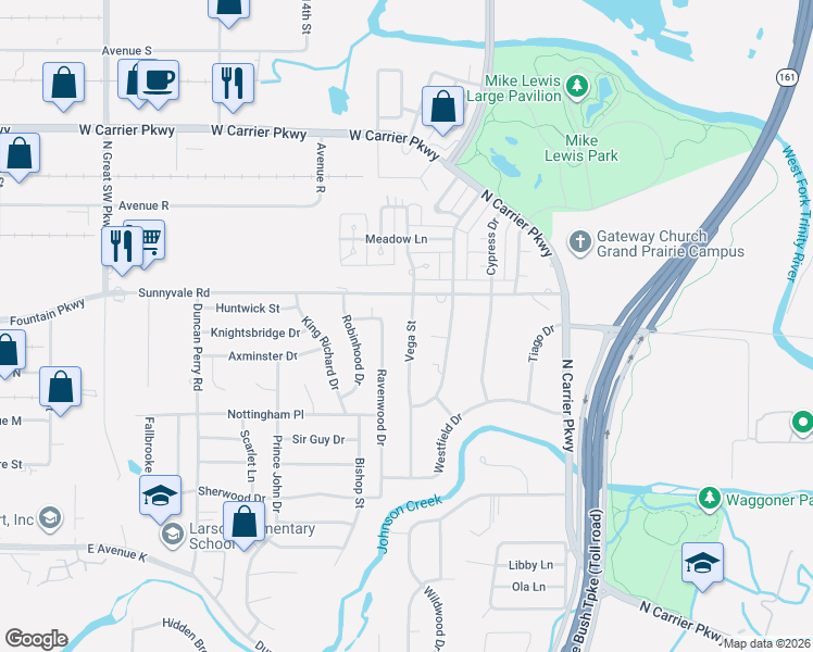 map of restaurants, bars, coffee shops, grocery stores, and more near 2341 Vega Street in Grand Prairie